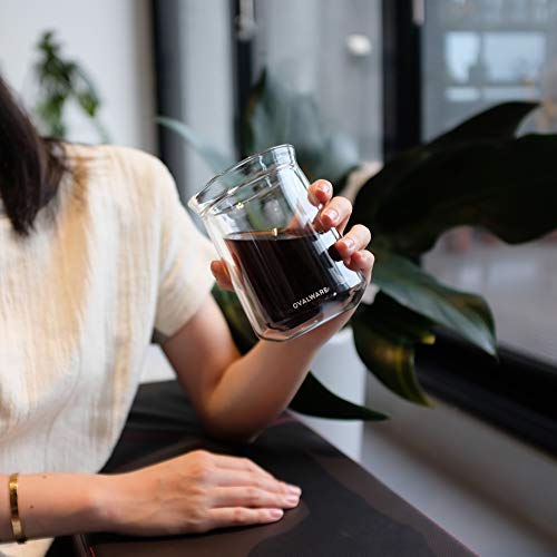 ovalware Double Wall Single Lip Insulated Glass Cup, Set of 2 (12oz / 350ml) - Borosilicate Glass For Coffee, Tea, Whiskey, Cocktails & All Beverages - Minimalistic & Durable Double-Wall Drinking Mug