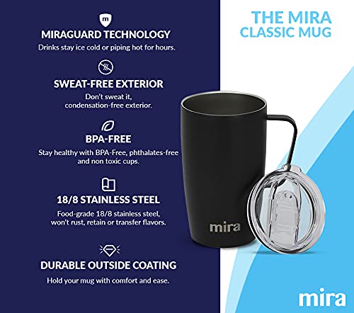 MIRA 18 oz Travel Mug, Insulated Tumbler with Handle and Lid, Cup Holder Friendly, Stainless Steel Travel Coffee Cup, Insulated Coffee Mug with Lid and Handle, Black