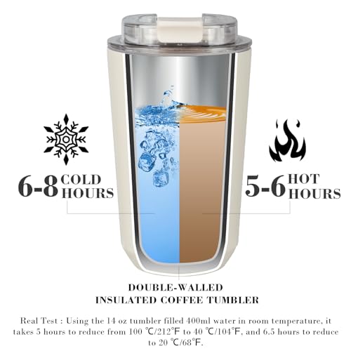 Puraville Insulated Tumblers with Lid, 14 oz Travel Coffee Mug Stainless Steel Vacuum Thermos Cup, 10/14 oz Leak Proof Reusable Double Walled Coffee Tumbler for Iced and Hot Drinks,Cream