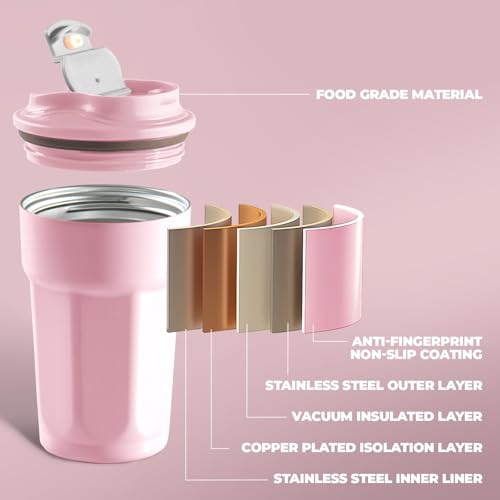 Puraville 12oz Stainless Steel Tumbler, Double Wall Vacuum Insulated Coffee Tumbler Travel Coffee Mug with Leak Proof Lid, Reusable Thermal Cup for Hot and Cold Drinks,Pink Grey