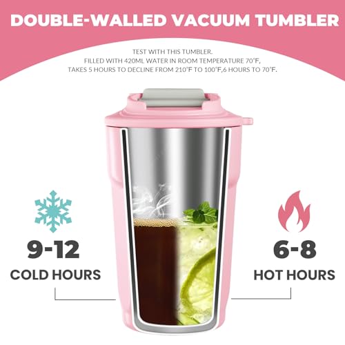 Puraville 12oz Stainless Steel Tumbler, Double Wall Vacuum Insulated Coffee Tumbler Travel Coffee Mug with Leak Proof Lid, Reusable Thermal Cup for Hot and Cold Drinks,Pink Grey