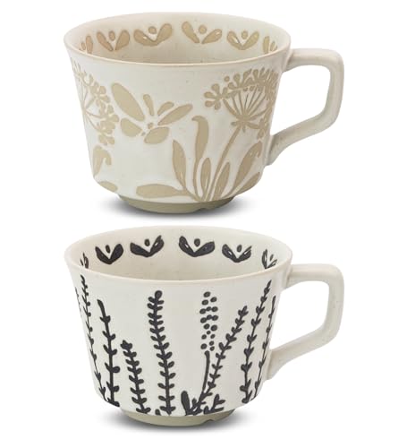 LINVIA Ceramic Coffee Mug, 12 oz Novelty Unique Tea Cup with Big Handle, Perfect for Mocha Latte Cappuccino Espresso, Best Gifts for Women and Men (2 Packs, Butterfly and Grass)