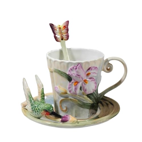 Minigift Ceramic Tea Cup and Saucer Set ,6OZ 3D Hand-painted Hummingbird and Flower Coffee Mug,Gift for Women