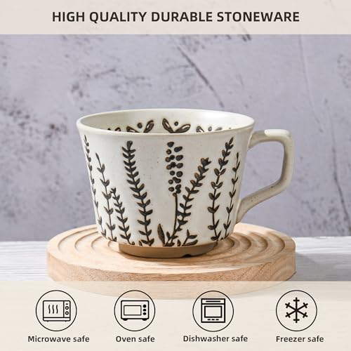 LINVIA Ceramic Coffee Mug, 12 oz Novelty Unique Tea Cup with Big Handle, Perfect for Mocha Latte Cappuccino Espresso, Best Gifts for Women and Men (2 Packs, Butterfly and Grass)