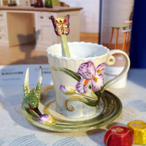 Minigift Ceramic Tea Cup and Saucer Set ，6OZ 3D Hand-painted Hummingbird and Flower Coffee Mug，Gift for Women