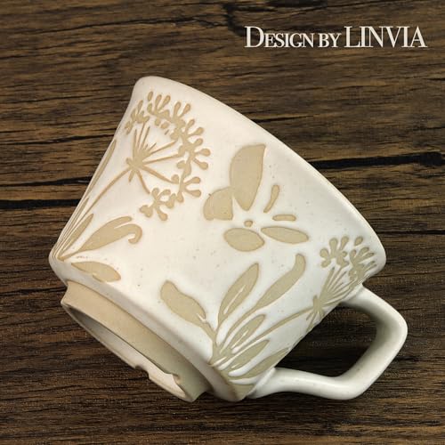 LINVIA Ceramic Coffee Mug, 12 oz Novelty Unique Tea Cup with Big Handle, Perfect for Mocha Latte Cappuccino Espresso, Best Gifts for Women and Men (2 Packs, Butterfly and Grass)