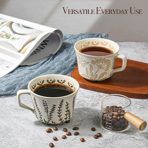 LINVIA Ceramic Coffee Mug, 12 oz Novelty Unique Tea Cup with Big Handle, Perfect for Mocha Latte Cappuccino Espresso, Best Gifts for Women and Men (2 Packs, Butterfly and Grass)