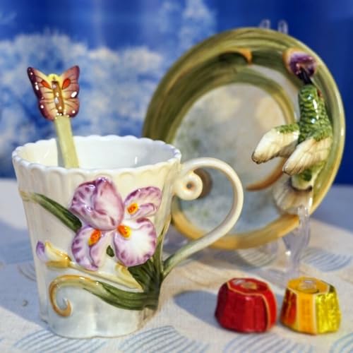 Minigift Ceramic Tea Cup and Saucer Set ，6OZ 3D Hand-painted Hummingbird and Flower Coffee Mug，Gift for Women