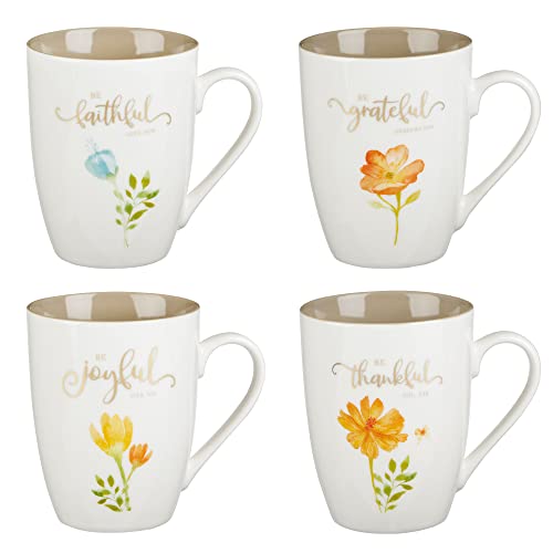 Christian Art Gifts Ceramic Coffee or Tea Mug Set for Women, Be Grateful, Faithful, Thankful, Joyful Bible Verse Mug Set, Boxed Set of 4 Coffee Cups