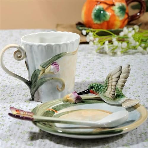 Minigift Ceramic Tea Cup and Saucer Set ，6OZ 3D Hand-painted Hummingbird and Flower Coffee Mug，Gift for Women