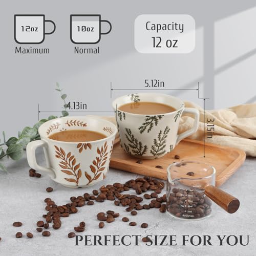 LINVIA Ceramic Coffee Mug, 12 oz Novelty Unique Tea Cup with Big Handle, Perfect for Mocha Latte Cappuccino Espresso, Best Gifts for Women and Men (2 Packs, Butterfly and Grass)