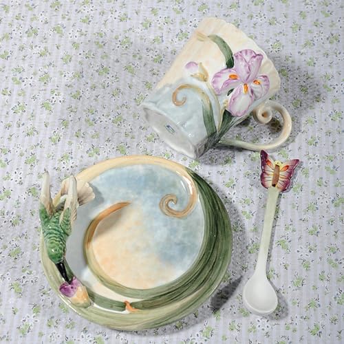 Minigift Ceramic Tea Cup and Saucer Set ，6OZ 3D Hand-painted Hummingbird and Flower Coffee Mug，Gift for Women