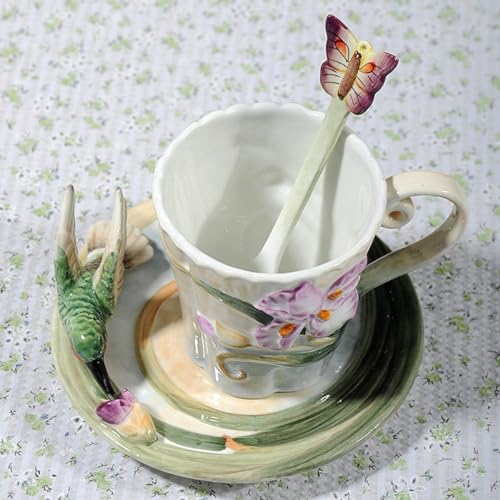 Minigift Ceramic Tea Cup and Saucer Set ，6OZ 3D Hand-painted Hummingbird and Flower Coffee Mug，Gift for Women