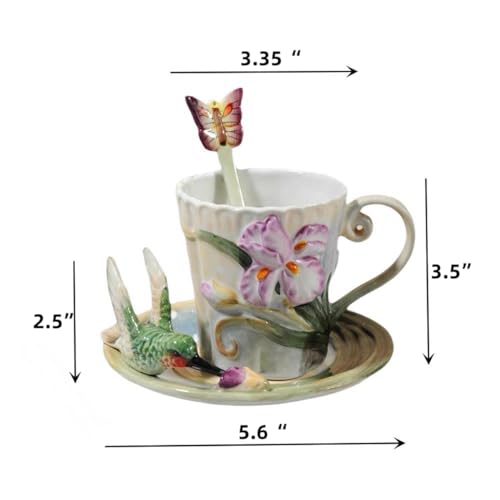 Minigift Ceramic Tea Cup and Saucer Set ，6OZ 3D Hand-painted Hummingbird and Flower Coffee Mug，Gift for Women