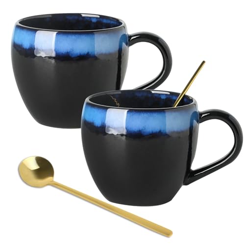 glowworm Ceramic Coffee Cups Set of 2, 16 Oz Coffee Mugs with Spoon, Coffee Mugs with Large Handle, Modern Mugs for Women/Men, Father's Day Gift, Microwave & Dishwasher Safe, Black