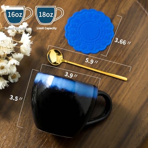 glowworm Ceramic Coffee Cups Set of 2, 16 Oz Coffee Mugs with Spoon, Coffee Mugs with Large Handle, Modern Mugs for Women/Men, Father's Day Gift, Microwave & Dishwasher Safe, Black