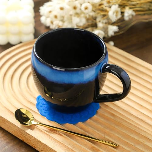 glowworm Ceramic Coffee Cups Set of 2, 16 Oz Coffee Mugs with Spoon, Coffee Mugs with Large Handle, Modern Mugs for Women/Men, Father's Day Gift, Microwave & Dishwasher Safe, Black