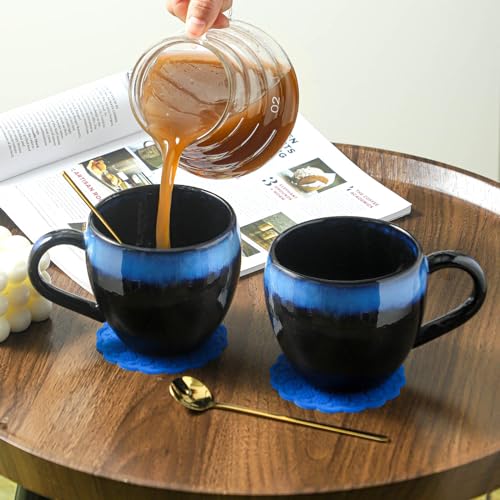 glowworm Ceramic Coffee Cups Set of 2, 16 Oz Coffee Mugs with Spoon, Coffee Mugs with Large Handle, Modern Mugs for Women/Men, Father's Day Gift, Microwave & Dishwasher Safe, Black