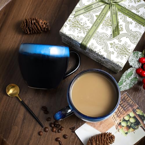 glowworm Ceramic Coffee Cups Set of 2, 16 Oz Coffee Mugs with Spoon, Coffee Mugs with Large Handle, Modern Mugs for Women/Men, Father's Day Gift, Microwave & Dishwasher Safe, Black