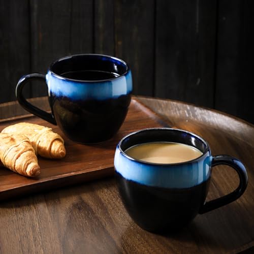 glowworm Ceramic Coffee Cups Set of 2, 16 Oz Coffee Mugs with Spoon, Coffee Mugs with Large Handle, Modern Mugs for Women/Men, Father's Day Gift, Microwave & Dishwasher Safe, Black