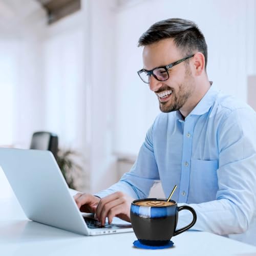 glowworm Ceramic Coffee Cups Set of 2, 16 Oz Coffee Mugs with Spoon, Coffee Mugs with Large Handle, Modern Mugs for Women/Men, Father's Day Gift, Microwave & Dishwasher Safe, Black