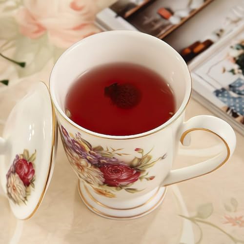 Elegant Ceramic Tea Mug with Lid, 10oz
