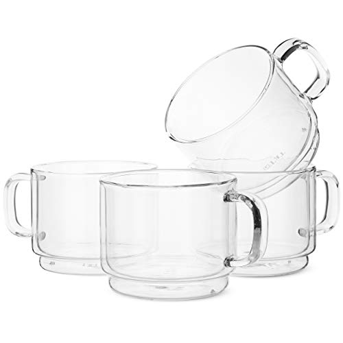 BTaT- Stackable Insulated Coffee Mug, Coffee Glass, Large, Set of 4 (16oz, 500ml), Double Wall Glass Coffee Cups, Tea Cups, Latte Cups, Glass Coffee Mug, Latte Mug, Clear Mug