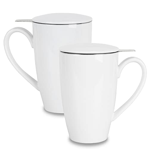 amhomel Porcelain Tea Mug with Infuser and Lid, 16 Ounce Ceramic Tea Cup for Loose Leaf, Coffee, Cocoa and Milk, Tea Gift for Tea Lovers, Set of 2(White)