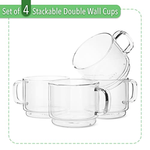 BTaT- Stackable Insulated Coffee Mug, Coffee Glass, Large, Set of 4 (16oz, 500ml), Double Wall Glass Coffee Cups, Tea Cups, Latte Cups, Glass Coffee Mug, Latte Mug, Clear Mug