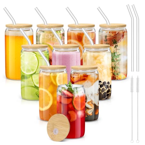 sungwoo 10PCS Glass Cups with Bamboo Lids and Straws, 16OZ Ice Coffee Cup, Drinking Cup set with Wooden Lids, Home Essential Glass Tumblers for Beer, Cocktail, Tea and Latte Clear