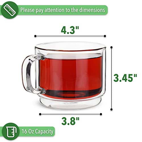 BTaT- Stackable Insulated Coffee Mug, Coffee Glass, Large, Set of 4 (16oz, 500ml), Double Wall Glass Coffee Cups, Tea Cups, Latte Cups, Glass Coffee Mug, Latte Mug, Clear Mug