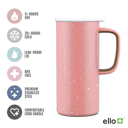 Ello Campy Vacuum Insulated Travel Mug with Leak-Proof Slider Lid and Comfy Carry Handle, Perfect for Coffee or Tea, BPA Free, Georgia Peach, 18oz