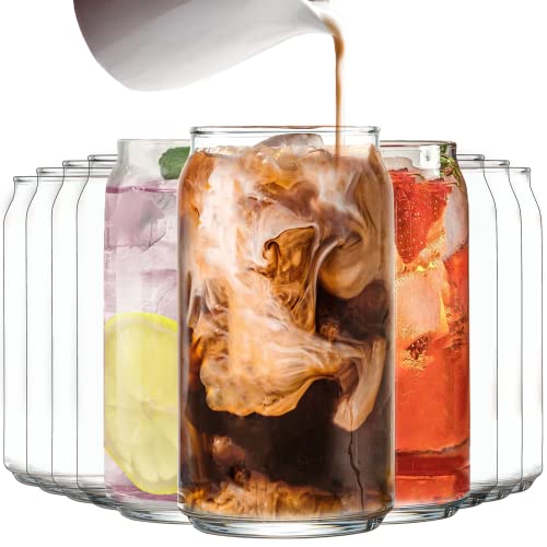 Le'raze Drinking Glasses Set of 10 - Can Shaped Glass Cups, 16oz Iced Tea/ Coffee Glasses, Tumbler, Cocktail Whiskey Soda Clear Water Beer Glasses