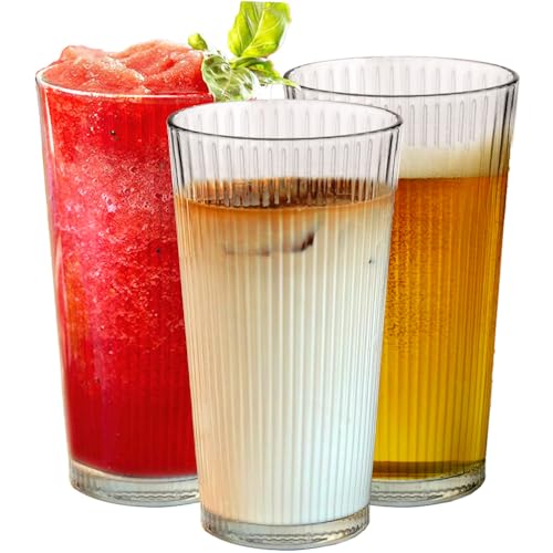 Le'raze Drinking Glasses - Set of 10-16oz. Ribbed Glass Sake Cups - Dishwasher Safe Cocktail Clear Heavy Base Tall Beer Glasses, Water Glasses, Bar Glass, Wine, Juice, Iced Tea