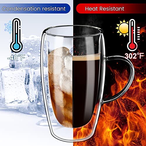 PARACITY Double Wall Glass Coffee Mugs 16oz with Handle, Coffee Cups Set of 2, Clear Borosilicate Glass Coffee Mugs, Perfect for Cappuccino, Latte, Espresso, Hot Beverage, Tea