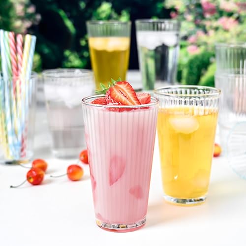 Le'raze Drinking Glasses - Set of 10-16oz. Ribbed Glass Sake Cups - Dishwasher Safe Cocktail Clear Heavy Base Tall Beer Glasses, Water Glasses, Bar Glass, Wine, Juice, Iced Tea