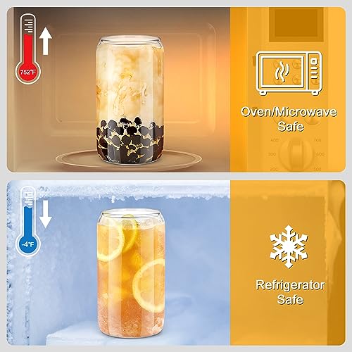 sungwoo 10PCS Glass Cups with Bamboo Lids and Straws, 16OZ Ice Coffee Cup, Drinking Cup set with Wooden Lids, Home Essential Glass Tumblers for Beer, Cocktail, Tea and Latte Clear