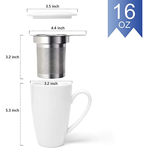 amhomel Porcelain Tea Mug with Infuser and Lid, 16 Ounce Ceramic Tea Cup for Loose Leaf, Coffee, Cocoa and Milk, Tea Gift for Tea Lovers, Set of 2(White)