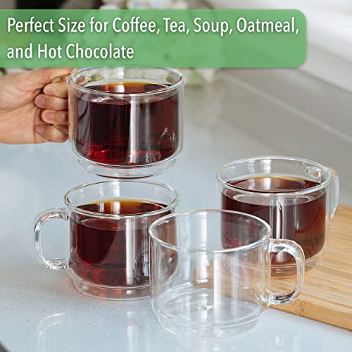 BTaT- Stackable Insulated Coffee Mug, Coffee Glass, Large, Set of 4 (16oz, 500ml), Double Wall Glass Coffee Cups, Tea Cups, Latte Cups, Glass Coffee Mug, Latte Mug, Clear Mug