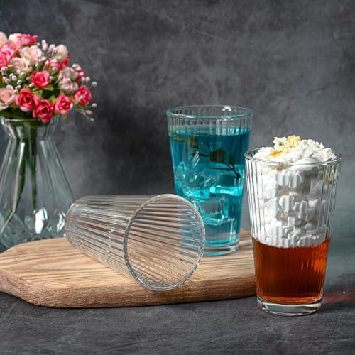 Le'raze Drinking Glasses - Set of 10-16oz. Ribbed Glass Sake Cups - Dishwasher Safe Cocktail Clear Heavy Base Tall Beer Glasses, Water Glasses, Bar Glass, Wine, Juice, Iced Tea