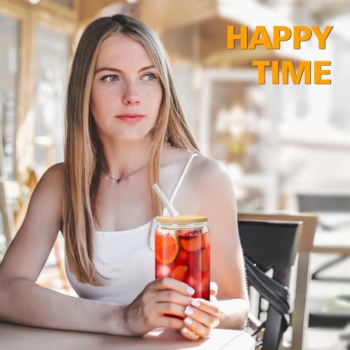 sungwoo 10PCS Glass Cups with Bamboo Lids and Straws, 16OZ Ice Coffee Cup, Drinking Cup set with Wooden Lids, Home Essential Glass Tumblers for Beer, Cocktail, Tea and Latte Clear