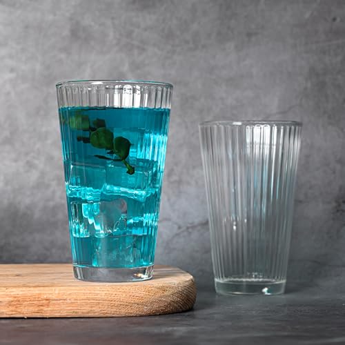 Le'raze Drinking Glasses - Set of 10-16oz. Ribbed Glass Sake Cups - Dishwasher Safe Cocktail Clear Heavy Base Tall Beer Glasses, Water Glasses, Bar Glass, Wine, Juice, Iced Tea