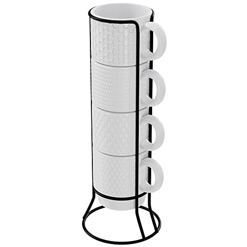 American Atelier Coffee Mug Set with Coffee Mug Rack | Ceramic Coffee Mugs Set of 4 | Stackable Coffee Mugs with Rack | Coffee Cup Set with Coffee Cup Rack | 14oz Capacity (Embossed)