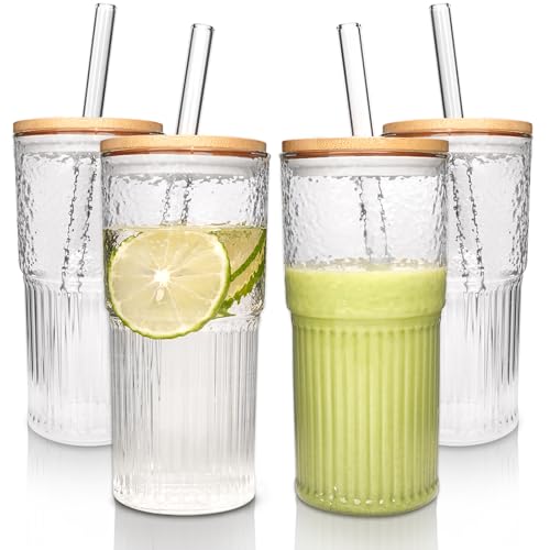 Ribbed Glass Cups with Lids and Straws