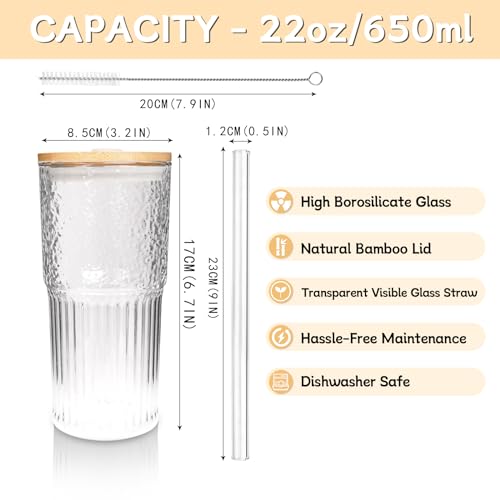 Ribbed Glass Cups with Lids and Straws