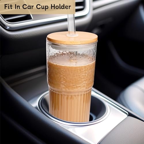 Ribbed Glass Cups with Lids and Straws