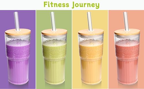 Ribbed Glass Cups with Lids and Straws