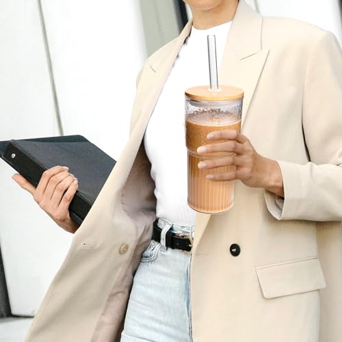 Ribbed Glass Cups with Lids and Straws