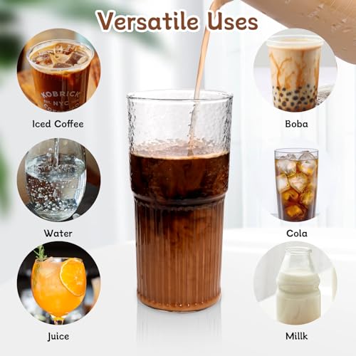 Ribbed Glass Cups with Lids and Straws