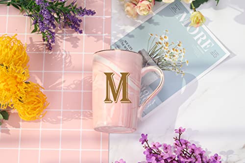 WENSSY Ceramic Marble Mug, 14 oz, Pink-M, Personalized Initial Mug, Women's Gift, Bridal Shower, Daily Use